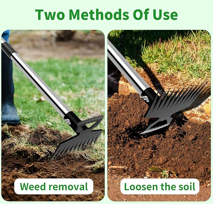 Weeding Puller Tool with Long Handle, 11 Tooth Manual Weed Rake Weeder Remover Tool Gardening with Gloves, Dandelion Gardenia Uprooting Tool for Yard, Lawn, Patio and Garden