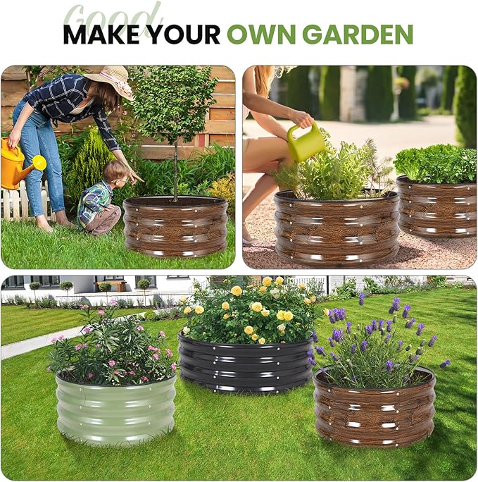 G GOOD GAIN Round Raised Garden Bed - 2Pcs 2x2x1ft Galvanized Steel Planter Boxes Outdoor with Rubber Edge Trim | Metal Raised Beds for Gardening Vegetables Flowers Fruits Herbs (Wood Grain)