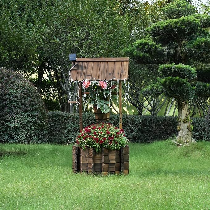 Wooden Wishing Wells for Outdoors with Solar Light Strip, Wishing Well Planters Also Add Splendor to Your Yard at Nightt, Brown