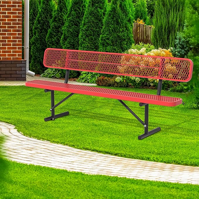 4/6/8 Feet Park Bench for Outside Heavy Duty Metal, Garden Benches Outdoor Bench with Backrest & Portable Frame, for Shopping Malls Stores Parks Patios Decks, Red