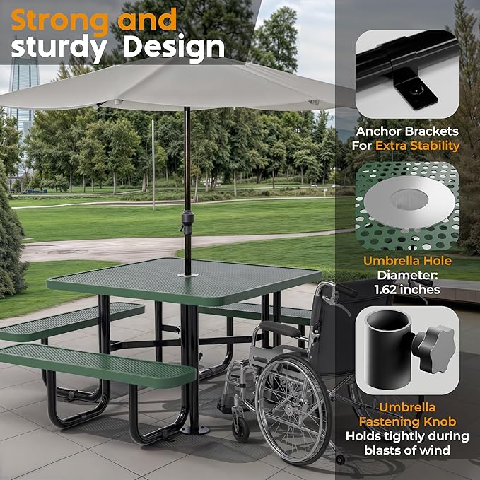Metal Picnic Tables for Outdoors with Umbrella Hole - Coated Steel Heavy Duty Commercial Grade Table with Adjustable Seats (Green, 46 in, Square, Punched Steel)