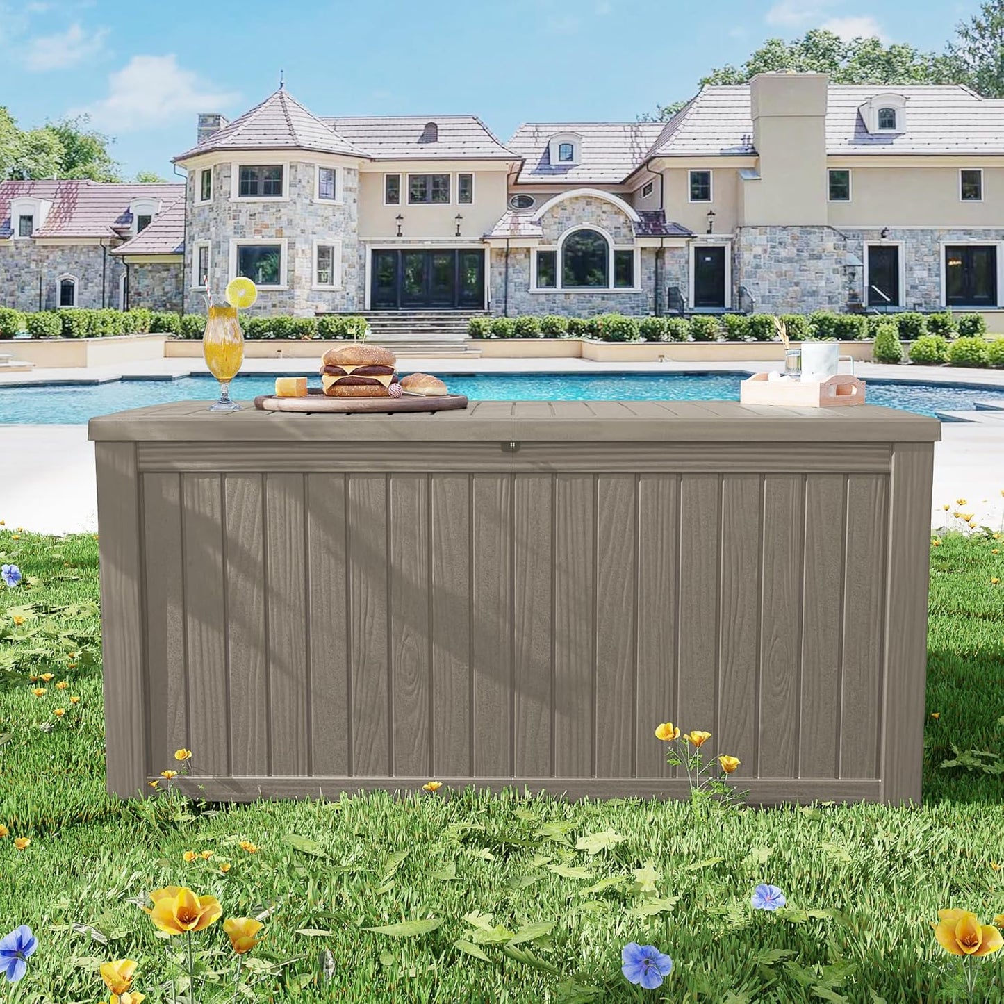 200 Gallon Waterproof Large Resin Deck Box Indoor/Outdoor Lockable Storage Container and Seating for Garden, Pool, and Patio (200 Gallon, Grey)