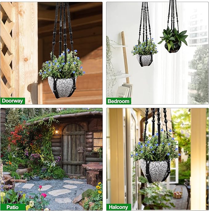 RIFNY Macrame Plant Hanger for 5 to 10 Inch Plant Pots, 35 Inch Woven Rope Hanger Kits with Hooks and Wood Beads, Hanging Planter Basket for Indoor Boho Home Decor (Black, 2 Pack)