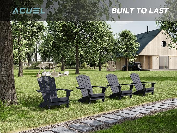 Set of 4 Folding HDPE Adirondack Chairs - Heavy-Duty Weather-Resistant Patio Chairs with Wide Armrests & Ergonomic High Back, Fire Pit Seating for Backyard, Garden, Porch (Black)