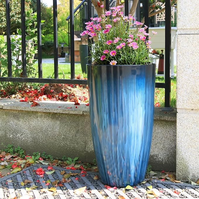 Worth Garden 20" H. Large Plastic Planters - Set of 2 Gradient Blue Glossy Smooth Finish - Tall Plant Pots for Indoor & Outdoor Use - Decorative Lightweight Flower Pots for Front Porch, Patio, Deck