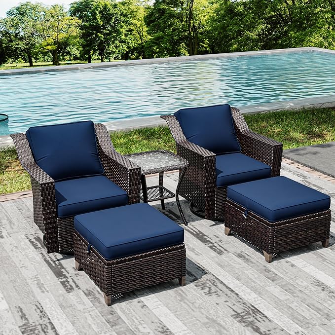 Joyside Wicker Patio Furniture Sets, 5 Pieces Upgraded Large Size Outdoor Furniture with Swivel Rocking Patio Chairs, Outdoor Ottoman and Side Table, Thick Cushions, Wide Armrest