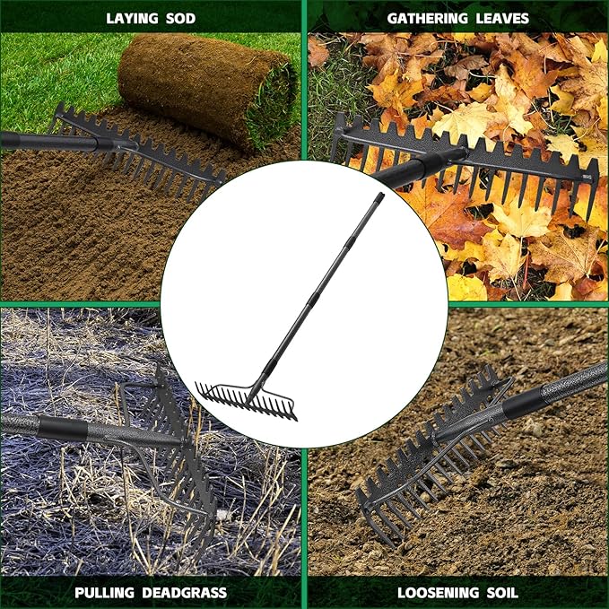 63'' Bow Rake ,17 Tines Metal Head Rakes with Stainless Steel Handle,Heavy Duty Garden Rake for Loosening Soil Gathering Leaf Leveling Lawn Farming Land Management Yarn Thatch Rake