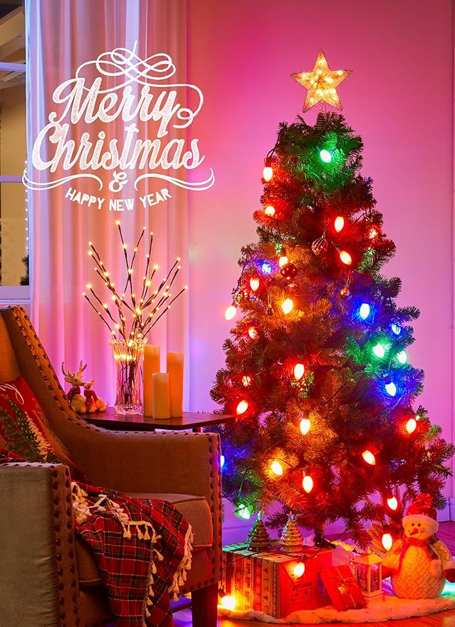 Brightown Frosted C9 LED Christmas Lights Outdoor, 32Ft Pathway Lights with 25 LED Bulbs and Stakes, Multicolor Christmas Decorations for Outside Driveway, Walkway, Sidewalk