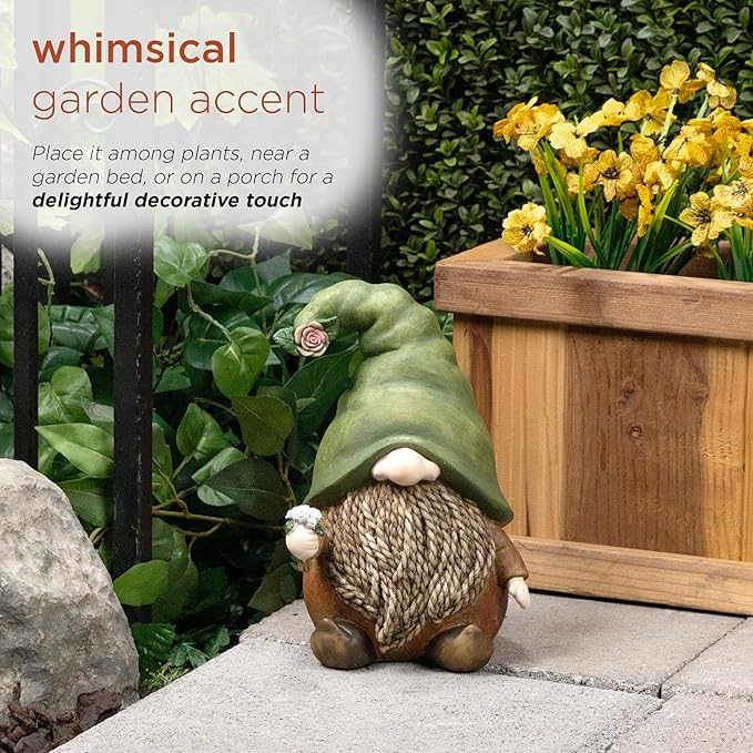 Alpine Corporation QWR1442 Gnome with Green Hat Holding a Flower, Playful Décor for Garden, Patio, & Lawn, 10" H, Multicolor