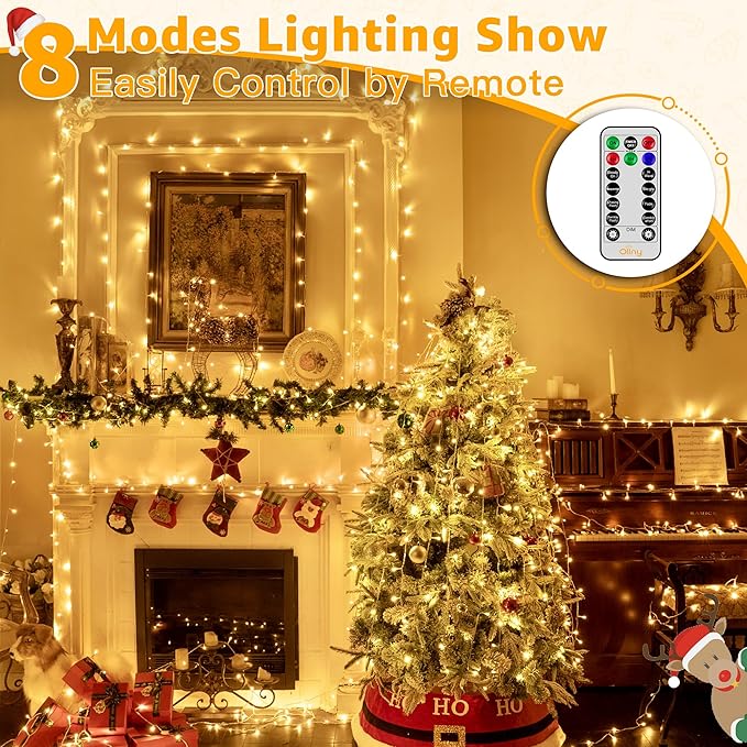 Ollny Outdoor String Lights 800LED 262FT, Warm White Waterproof Fairy Light with Remote Plug in, 8 Modes Timers Dimmable Christmas Lights for Outside Indoor Bedroom Patio Camping Garden