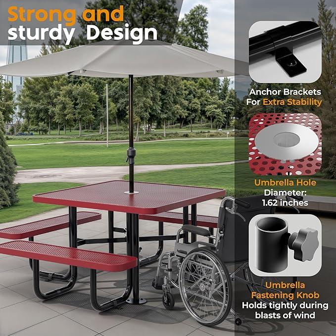 Metal Picnic Tables for Outdoors with Umbrella Hole - Coated Steel Heavy Duty Commercial Grade Table with Adjustable Seats (Red, 46 in, Square, Punched Steel)