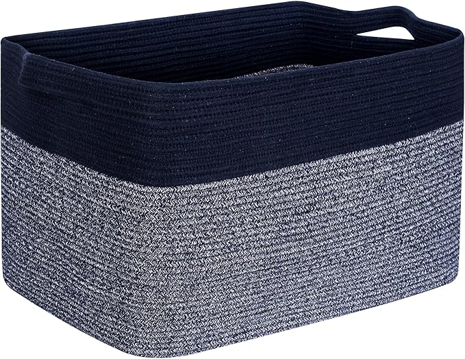 MINTWOOD Design 22in Extra Large Blanket Basket Holder for Living Room, Rectangle Rope Woven Storage Bin with Handles for Laundry, Pool Towels, and Shoes, Dog Toy Box Organizer, Navy Blue