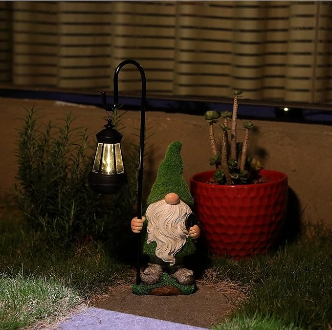 Flocked Garden Gnome Statue, Large Outdoor Gnome with Solar Lights, Funny Garden Figurines for Outdoor Home Yard Decor (15.8 Inch Tall)
