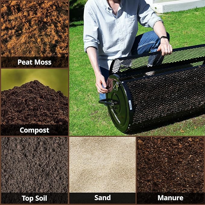 Compost Spreader 24 Inch Peat Moss Spreader with Installation Support Accessories, Metal Mesh Roller Lawn Spreader for Top Soil, Manure, Mulch, Top Dressing - Garden spreaders for lawns