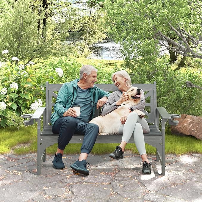 nalone Outdoor Bench with Cup Holders, HDPE All Weather Porch Bench Load up to 800 Lbs, 2-Person Garden Benches Rot-Proof Fade Proof for Patio, Porch, and Park (Grey)