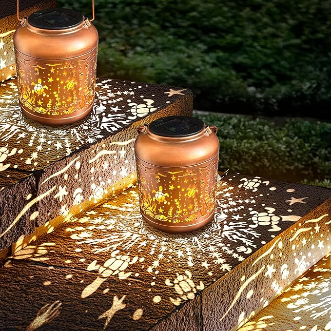 Outdoor Solar Lantern Ocean Element Waterproof Decorative Light Hanging Solar Light for Patio, Balcony, Backyard, Porch, Can be Used as a Gift for Mom and Grandma (Underwater World)