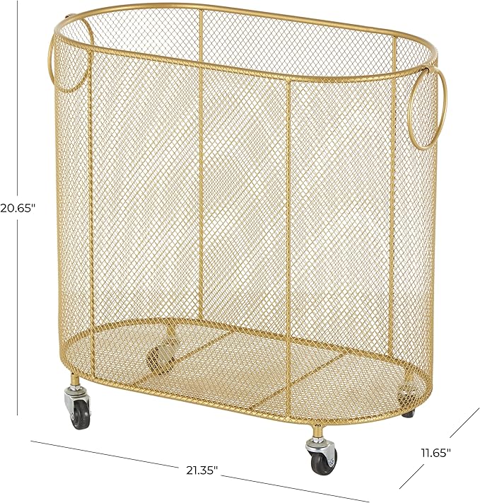 Deco 79 Metal Storage Cart Oval Mesh Wire Rolling Laundry with Ring Handles, 21" x 12" x 21", Gold