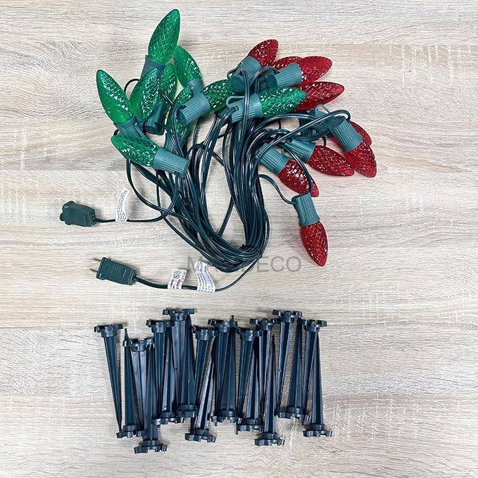 C9 Christmas Pathway Lights with Stakes,Red Green,2 Pack Total 60 Ft 40 Strawberry LED Bulbs,Connectable Shatterproof Outdoor Lights Marker for Xmas Yard Garden Path Lawn Walkway Sidewalk