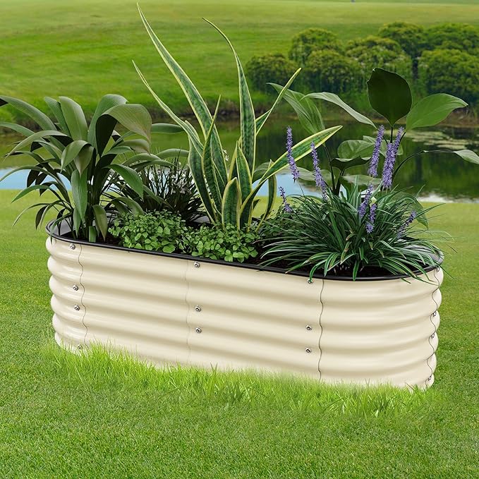 Raised Garden Bed 5x2x1.4 Ft Planter Box Outdoor with Rubber Edge Zinc-Aluminum-Magnesium Stainless Steel Durable Metal Garden Beds Kit for Vegetables, Flowers, Herbs and Succulents(Ivory)