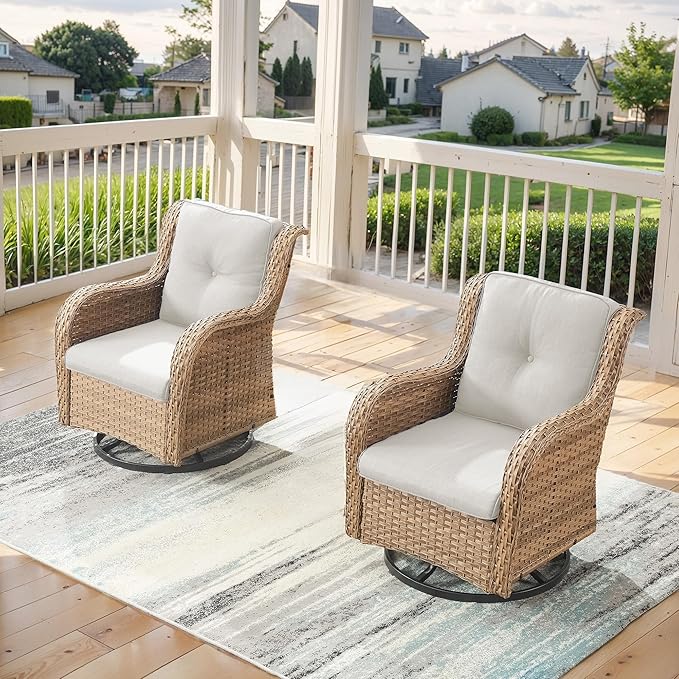 Outdoor Swivel Rocker Patio Chairs - 360 Degree Swivel Glider Seating 350LBS Weight Capacity Wicker Rocking Chairs Set of 2 with Removable Cushion for Porch Balcony Deck, Yellow/Beige