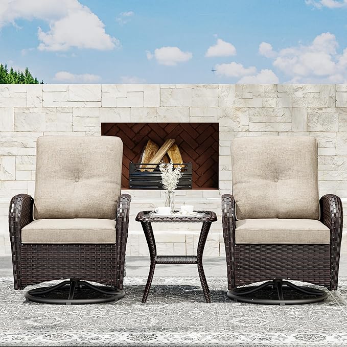 Joyside Outdoor Swivel Rocker Chairs, 3 Piece Wicker Patio Set with Thick Cushion and Side Table, Rattan Patio Swivel Rocking Chairs for Porch, Deck Use (Brown/Beige, 3 PCS)
