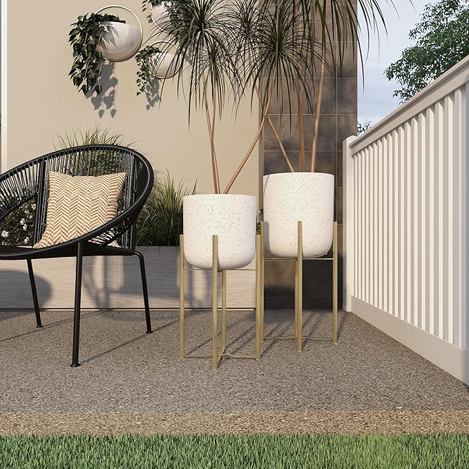 Deco 79 Metal Indoor Outdoor Planter Deep Dome Speckled Large Planter Pot with Gold Stands, Set of 2 Planters 22", 19"H, White