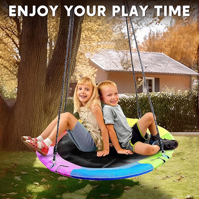 TURFEE 40" Saucer Tree Swing for Kids - 900Lb Weight Capacity, 900D Waterproof Oxford Fabric Platform Swing Seat with Adjustable Ropes for Kids Playground Outdoor Activity Backyard Fun (Rainbow)