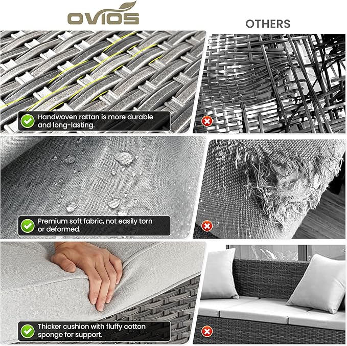 ovios 5 Pieces Patio Furniture Set with 42" Fire Pit Table, Outdoor Wicker Sofa with Loveseat, Comfy Cushions, High Back Couch Conversation Set, Grey Rattan, Grey