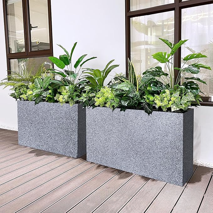 Metal Rectangular Planter Box, Galvanized Steel Tall Planters for Outdoor Plants, 35.5"x 10"x 28" Terrazzo Outdoor Planters for Porch/Patio/Garden