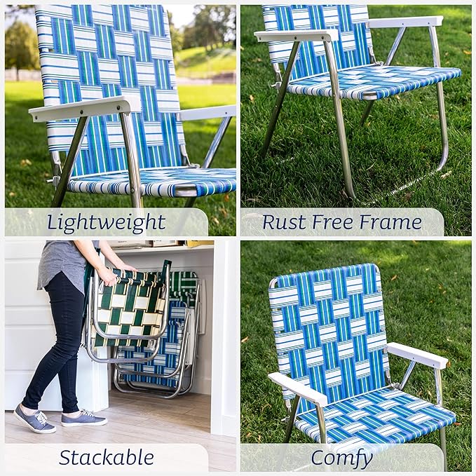 Lawn Chair USA | Folding Aluminum Webbed Chair for Camping, Sports, and Beach | Classic - Sea Island with White Arms