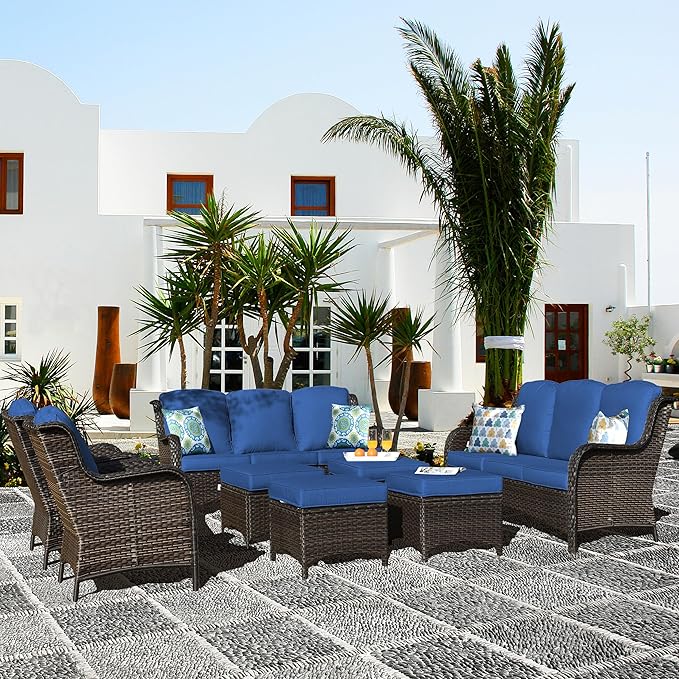 ovios 8 Pieces Patio Furniture Set, Outdoor Wicker Sofas with 2 Chairs, 4 Ottomans and Comfy Cushions, All Weather High Back Couch Set for Deck Porch, Brown Rattan, Navy Blue