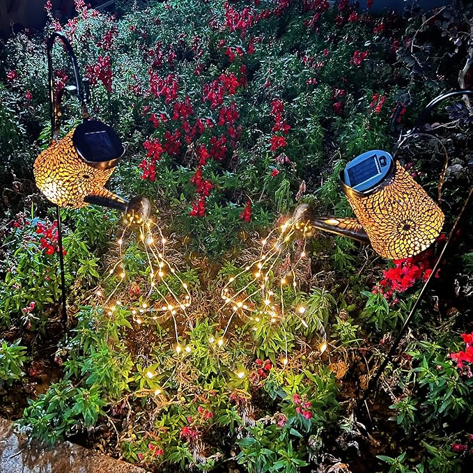 Glintoper 2 Pack Outdoor Solar Watering Can Garden Lights, Metal Waterfall Figurine Lights with Shepherd Hook, Decorative Yard Art for Mom, Mothers Day Ideal Gifts, for Patio Walkway Pathway Lawn