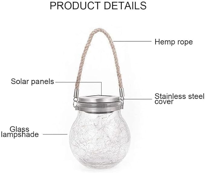 Solar Crackle Glass Hanging Lanterns, 5.5 in Height, IP65 Waterproof, 30 LED Lights, 2-Pack, Warm White