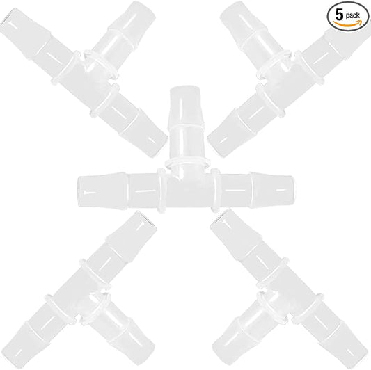 5/32" Tee Fitting Equal Barb 3 Way Hose Barb Fitting，Splicer Joint Mender Adapter Union Fitting for Fuel Gas Liquid Air (Pack of 5)
