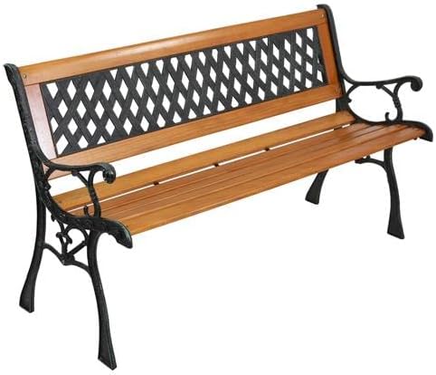 Outvita 49.5in Garden Bench, Deck Hardwood Seat and Metal Armrest Park Bench for Patio Front Porch Path Yard Lawn Poolside (Rhombic)