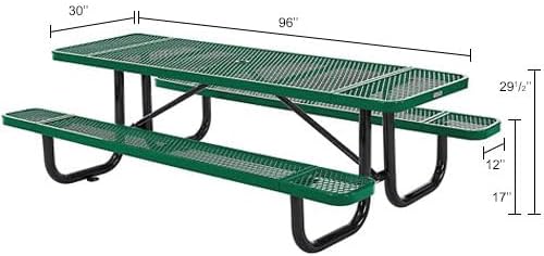 Global Industrial 8’L Rectangular Picnic Table, Expanded Metal, Green Thermoplastic Coating, Attached Benches, 1-1/2” Umbrella Pole Hole, Outdoor-Rated, 1000 lb Capacity, 96” x 30” Tabletop