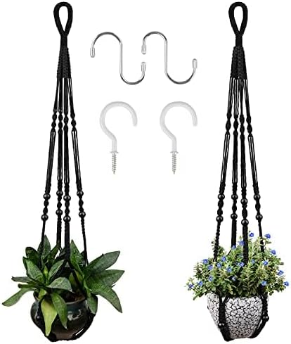 RIFNY Macrame Plant Hanger for 5 to 10 Inch Plant Pots, 35 Inch Woven Rope Hanger Kits with Hooks and Wood Beads, Hanging Planter Basket for Indoor Boho Home Decor (Black, 2 Pack)