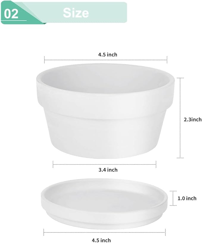 vensovo 4.5 Inch White Terracotta Shallow Succulent Pots - 6 Pack Terra Cotta Clay Pot with Saucer, Cacuts Indoor and Outdoor Planters with Drainage Hole