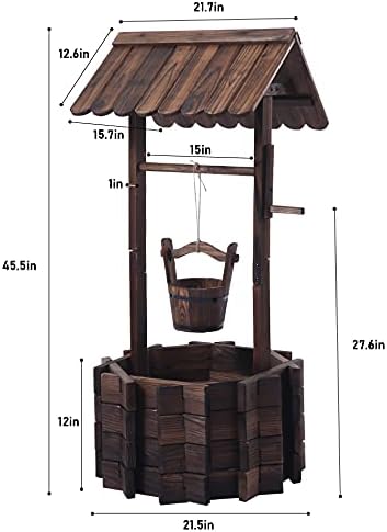 Wooden Wishing Wells for Outdoors with Hanging Bucket, Wishing Well Planters Rustic Style Patio Garden Ornamental, Brown