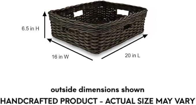 The Basket Lady Narrow Rectangular Wicker Storage Basket, Large, 20 in L x 16 in W x 6.5 in H, Antique Walnut Brown
