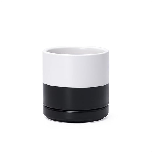 D'vine Dev 3.5 Inch Ceramic Planter Pot with Drainage Hole and Saucer, Indoor Cylinder Round Planter Pot, Layered Monochrome Black & White, 94-O-A-L