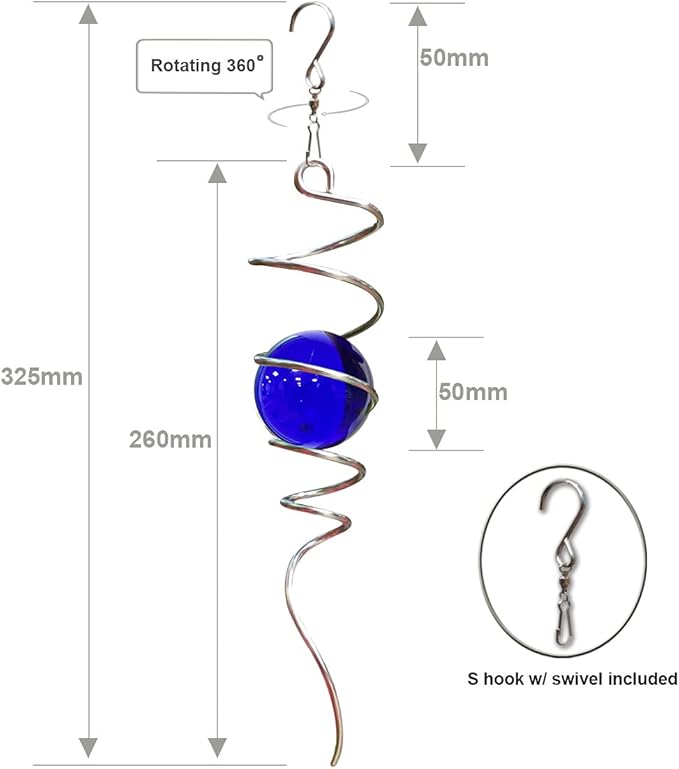 FONMY Gazing Ball Spiral Tail -Decorative Wind Spinner 11" inch Tail and 2" inch Blue Glass Orb. Indoor Outdoor Garden Decoration -13 inch Height