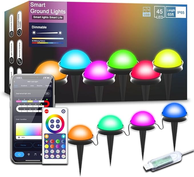 Outdoor Smart Ground Lights - 65FT 45Pack Pathway Light Remote & App Control, Color Changing Walkway Lighting Compatible with Alexa Halloween Christmas Outdoor Decor for Patio, Garden, Yard