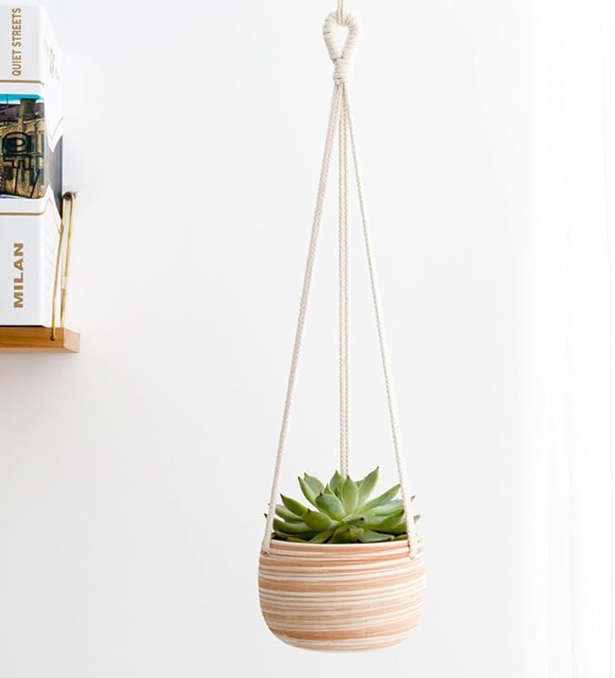 Mkono Ceramic Hanging Planter Macrame Plant Holder 5 Inch Cute Succulent Cactus Pot with Cotton Rope Hanger for Indoor Outdoor Decor, 1 Pack