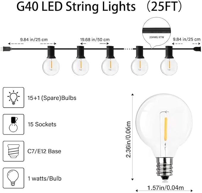 25FT LED Globe String Lights,Waterproof Hanging String Light with 15 Warm White Shatterproof G40 Bulbs(1 Spare), for Indoor/Outdoor Commercial Decor (25FT)