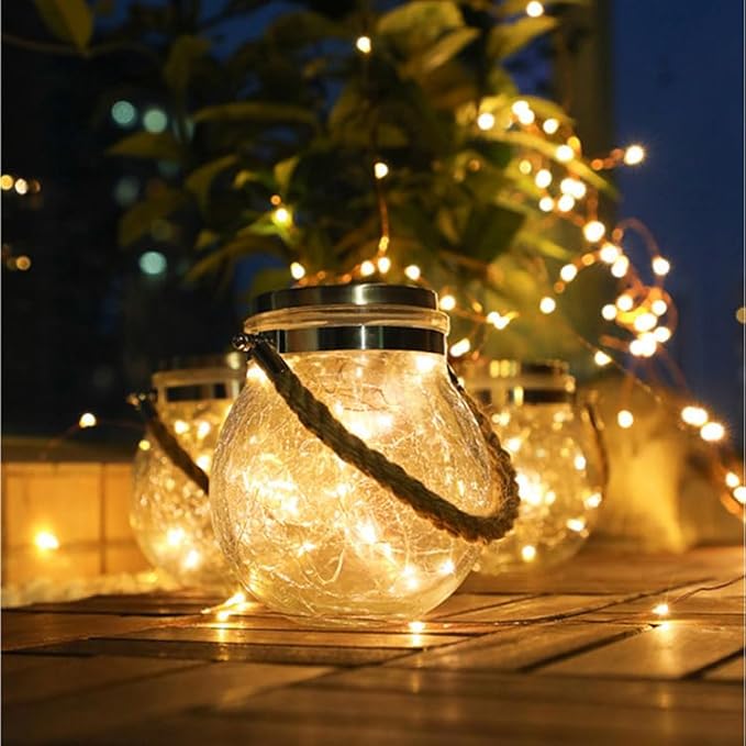 Solar Crackle Glass Hanging Lanterns, 5.5 in Height, IP65 Waterproof, 30 LED Lights, 2-Pack, Warm White