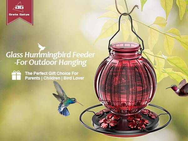 Glass Hummingbird Feeder for Outdoors Hanging, 26Oz Bird Nectar Feeder with Perch & 5 Flower Feeding Ports, Leak Proof for Outside Garden Decor Backyard, Gifts for Women Mom, Red