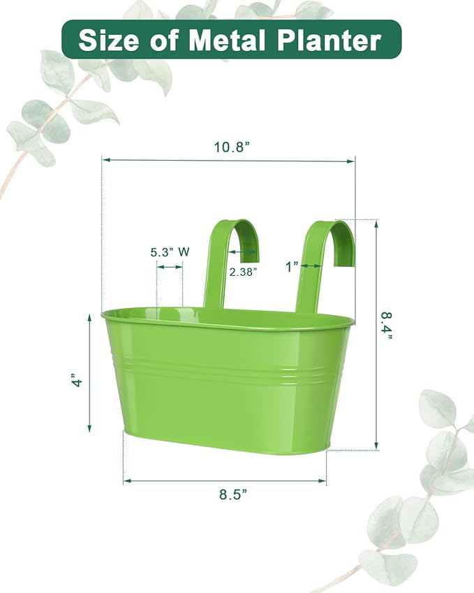 Metal Railing Planter for Outdoor Plants - 3 Pack Balcony Hanging Flower Pots with Detachable Hooks and Drain Holes Oval Bucket Rail Box Fence Planters for Home Garden Decor, Green Orange Blue