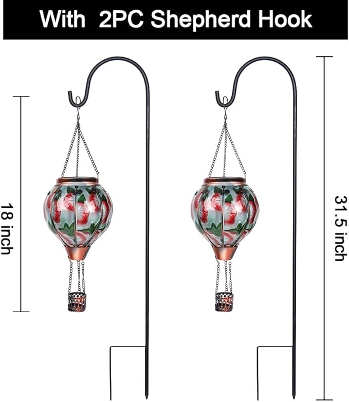 2PC Hot Air Balloon Solar Lantern with 2PC Shepherd Hook, Flickering Flame Hanging Solar Lanterns Outdoor Lights Waterproof Lanterns for Garden Patio Yard Party Decor (Hummingbirds & Flowers)