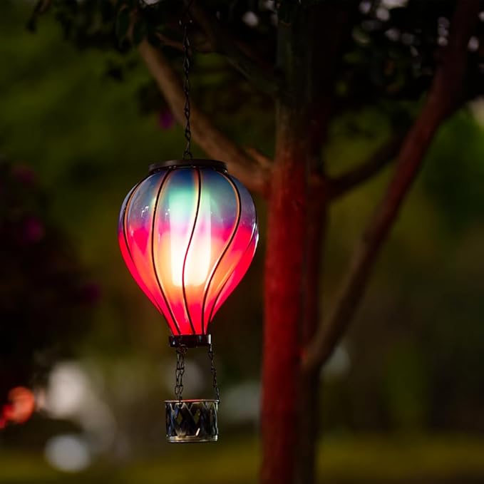 Starsoul Glass Hot Air Balloon Solar Lantern with Flickering Flame Light Blue & Purple Solar Powered Hot Air Balloon Lamp Waterproof Hanging Solar Lantern for Garden Yard Patio Porch Decor